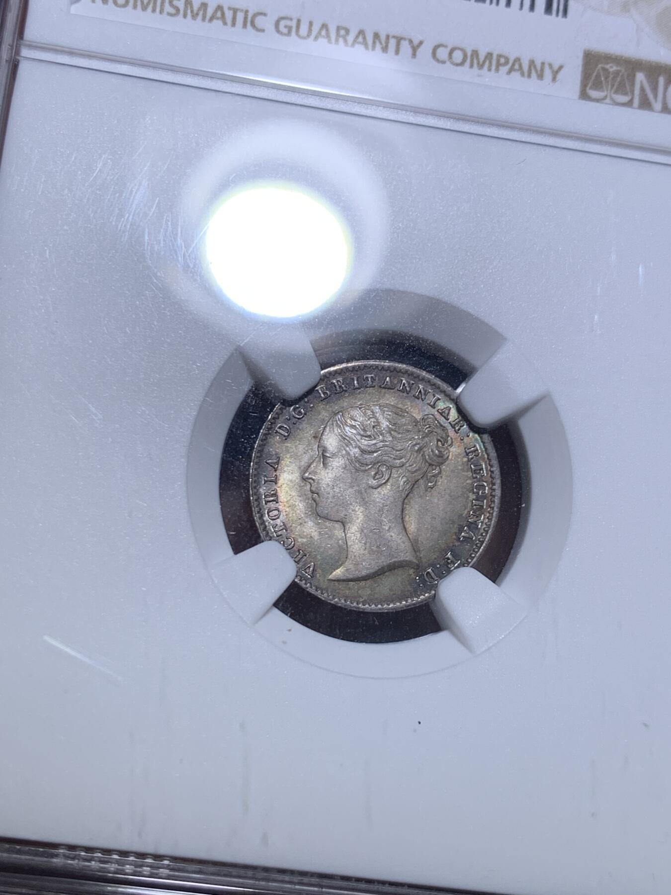 《竞宝斋》第285场- 周日，周一 2场连拍 （全场包邮） 4枚一组 NGC MS65/66/66/64 英国1844 维多利亚 濯足币 1P+2P+3P+4P 高分小维濯足 淡灰色带彩包浆漂亮