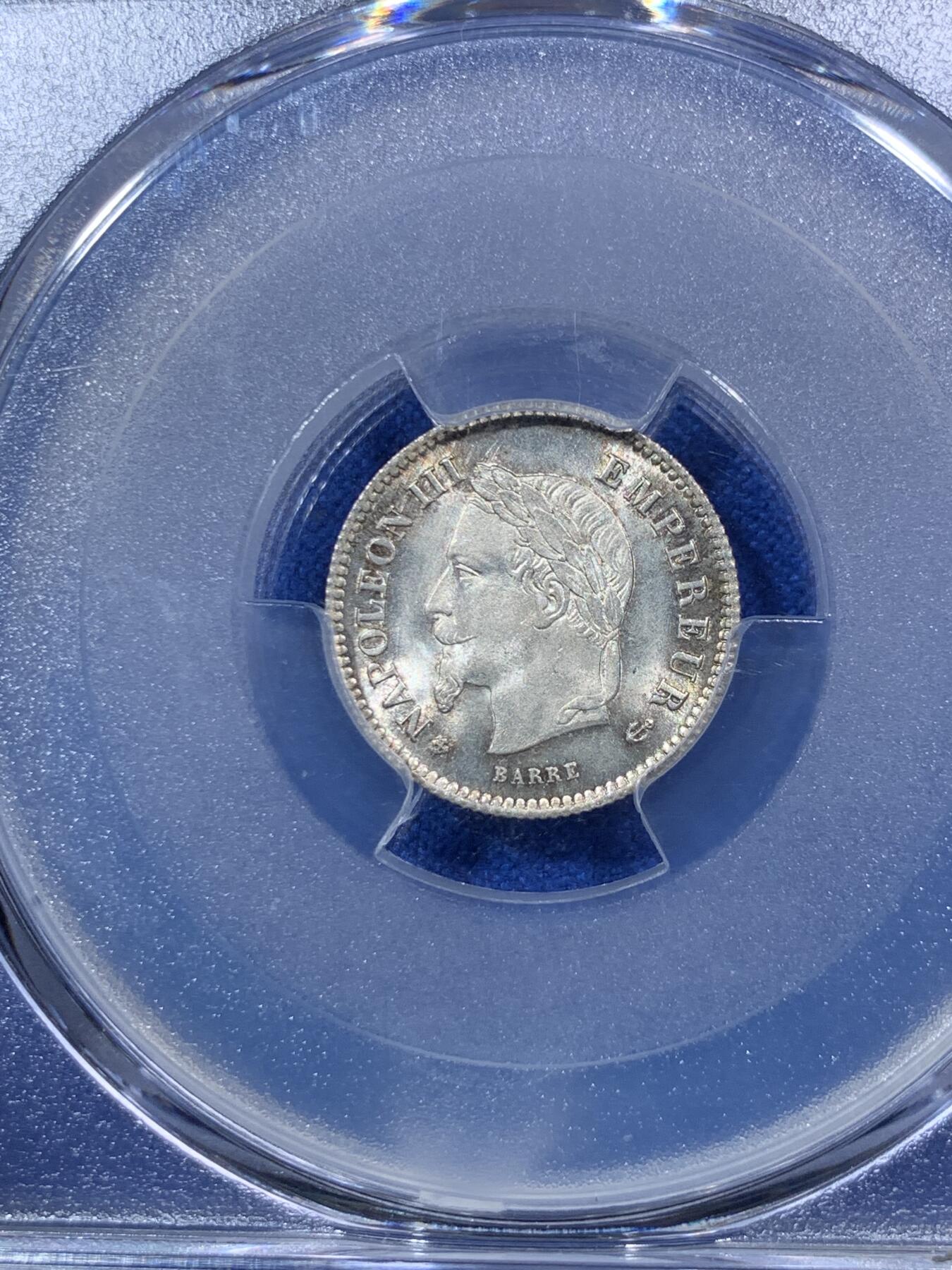 《竞宝斋》第285场- 周日，周一 2场连拍 （全场包邮） PCGS MS67 法国 1867年 拿破仑三世 20分 银币 超过150年历史的小辅币 能达到67分很少见 到顶了