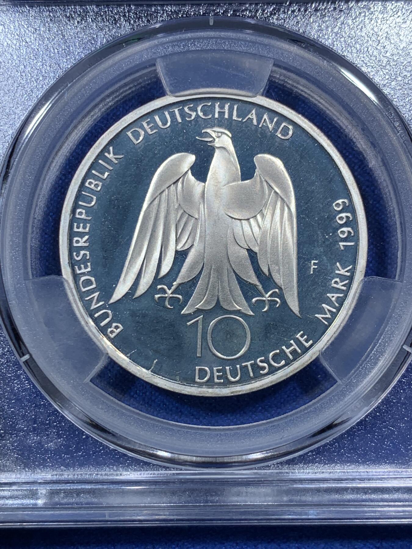 《竞宝斋》第285场- 周日，周一 2场连拍 （全场包邮） ACG PF67 德国1999年歌德诞辰250周年纪念10马克银币  低评好品