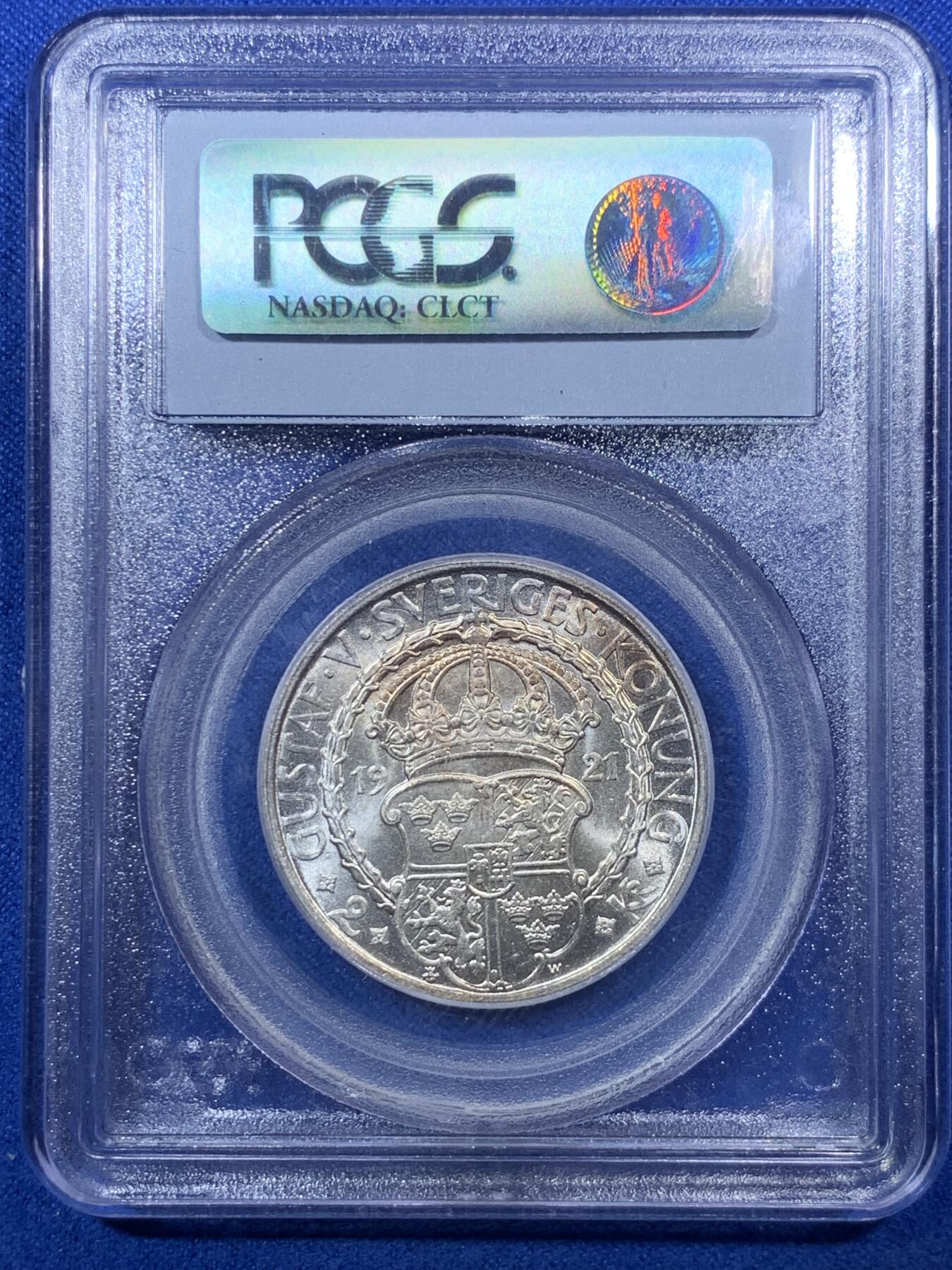 《竞宝斋》第285场- 周日，周一 2场连拍 （全场包邮） PCGS MS66 瑞典1921年2克朗纪念银币 高分稀少