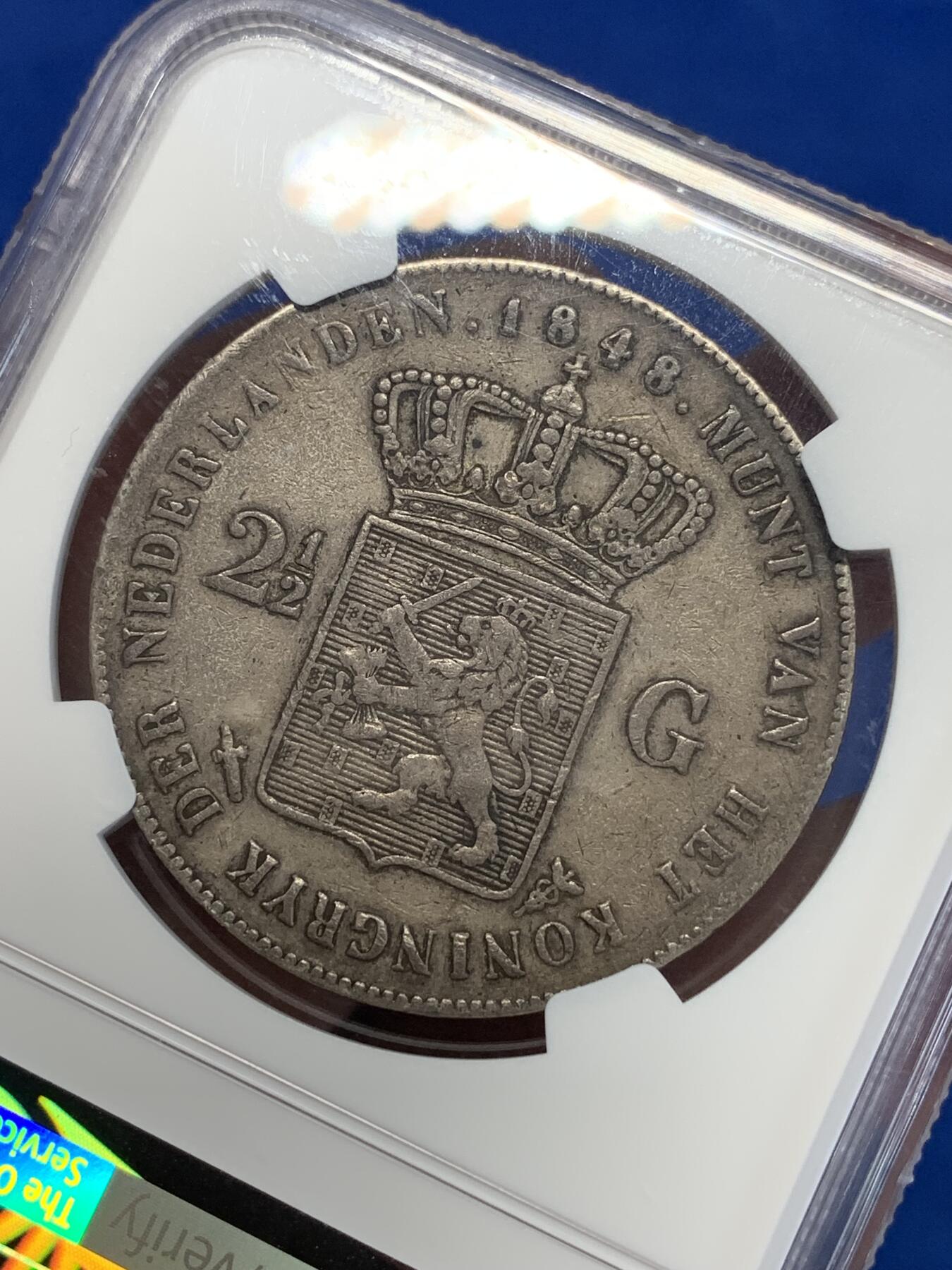 《竞宝斋》第285场- 周日，周一 2场连拍 （全场包邮） NGC VF35 荷兰1848年威廉二世长脖子2.5盾 原味老包浆 细节非常好 低评