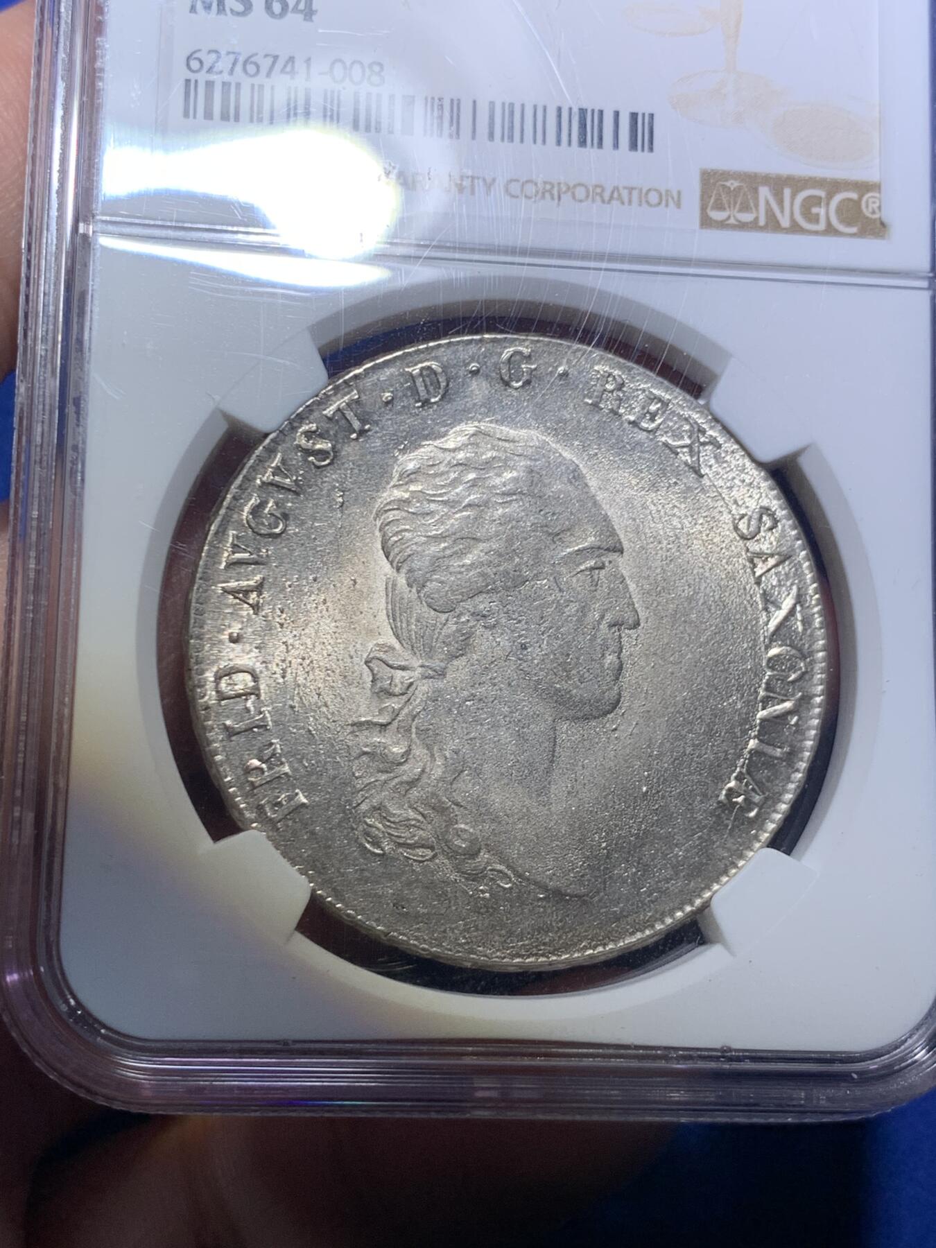 《竞宝斋》第285场- 周日，周一 2场连拍 （全场包邮） 唯一亚军分 NGC MS64 德国 萨克森 1808 奥古斯特一世 泰勒大银币 打制好 带转光