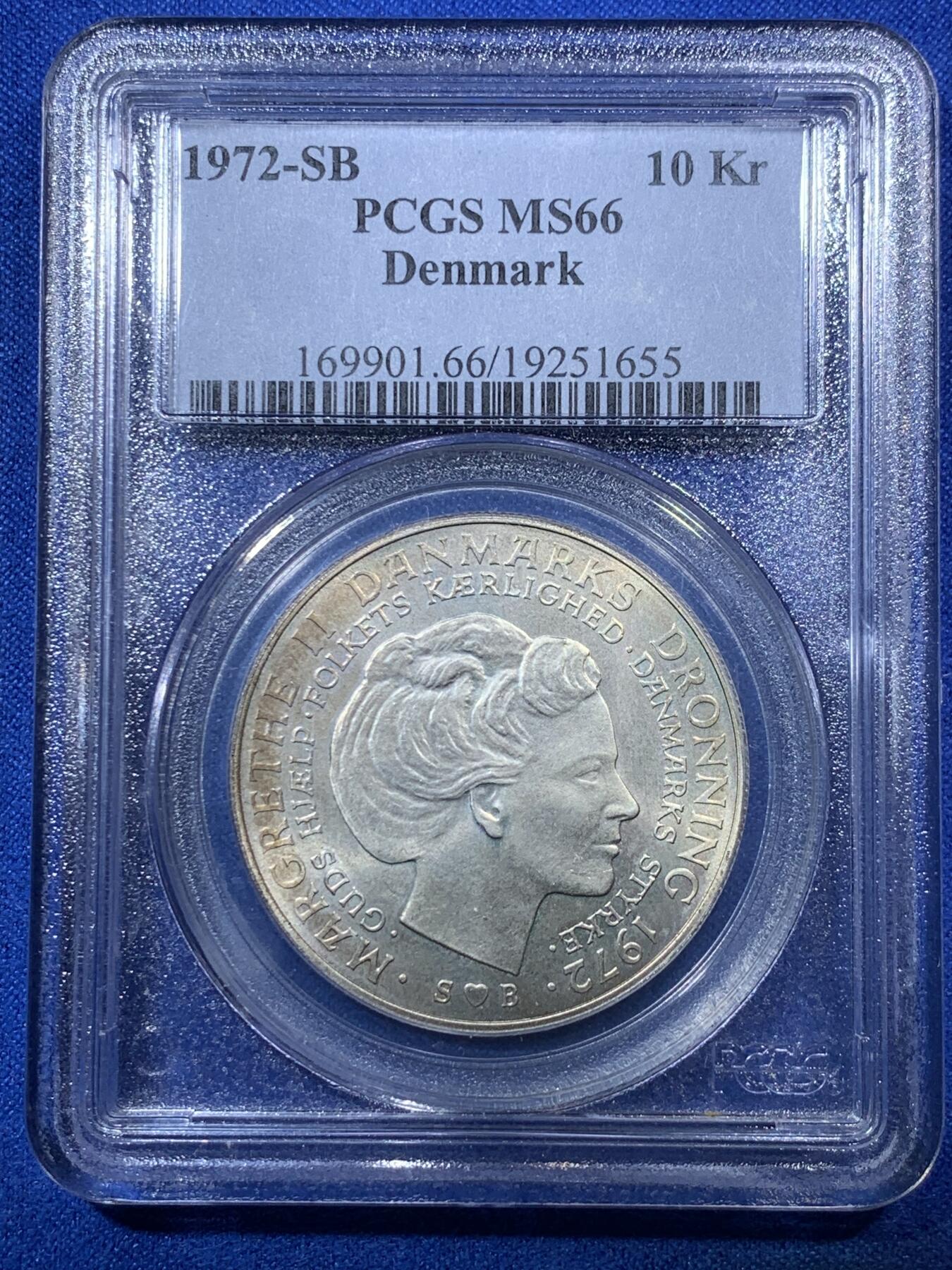 《竞宝斋》第285场- 周日，周一 2场连拍 （全场包邮） PCGS MS66 丹麦1972年10克朗结婚25周年纪念银币 高分稀少