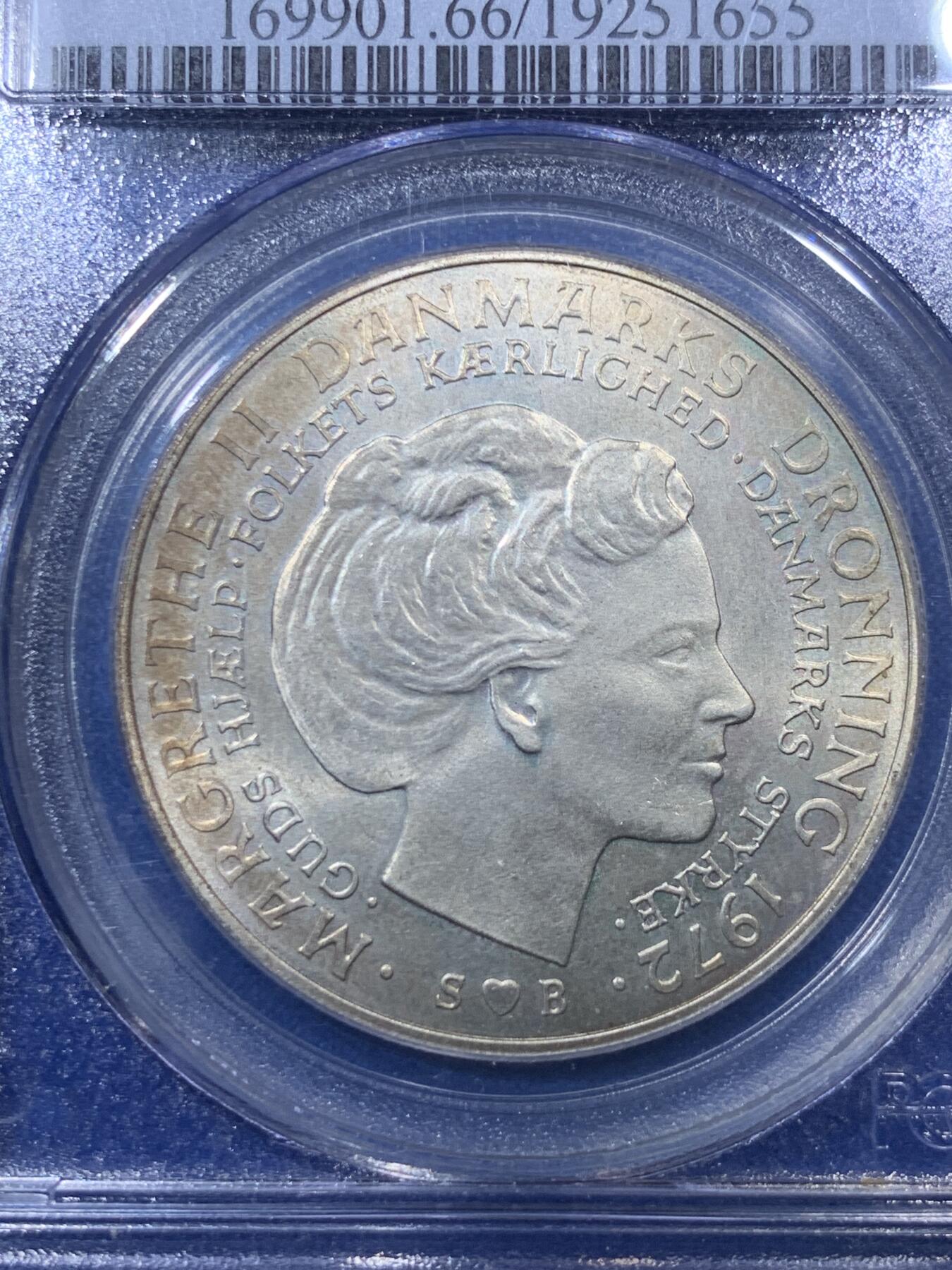 《竞宝斋》第285场- 周日，周一 2场连拍 （全场包邮） PCGS MS66 丹麦1972年10克朗结婚25周年纪念银币 高分稀少