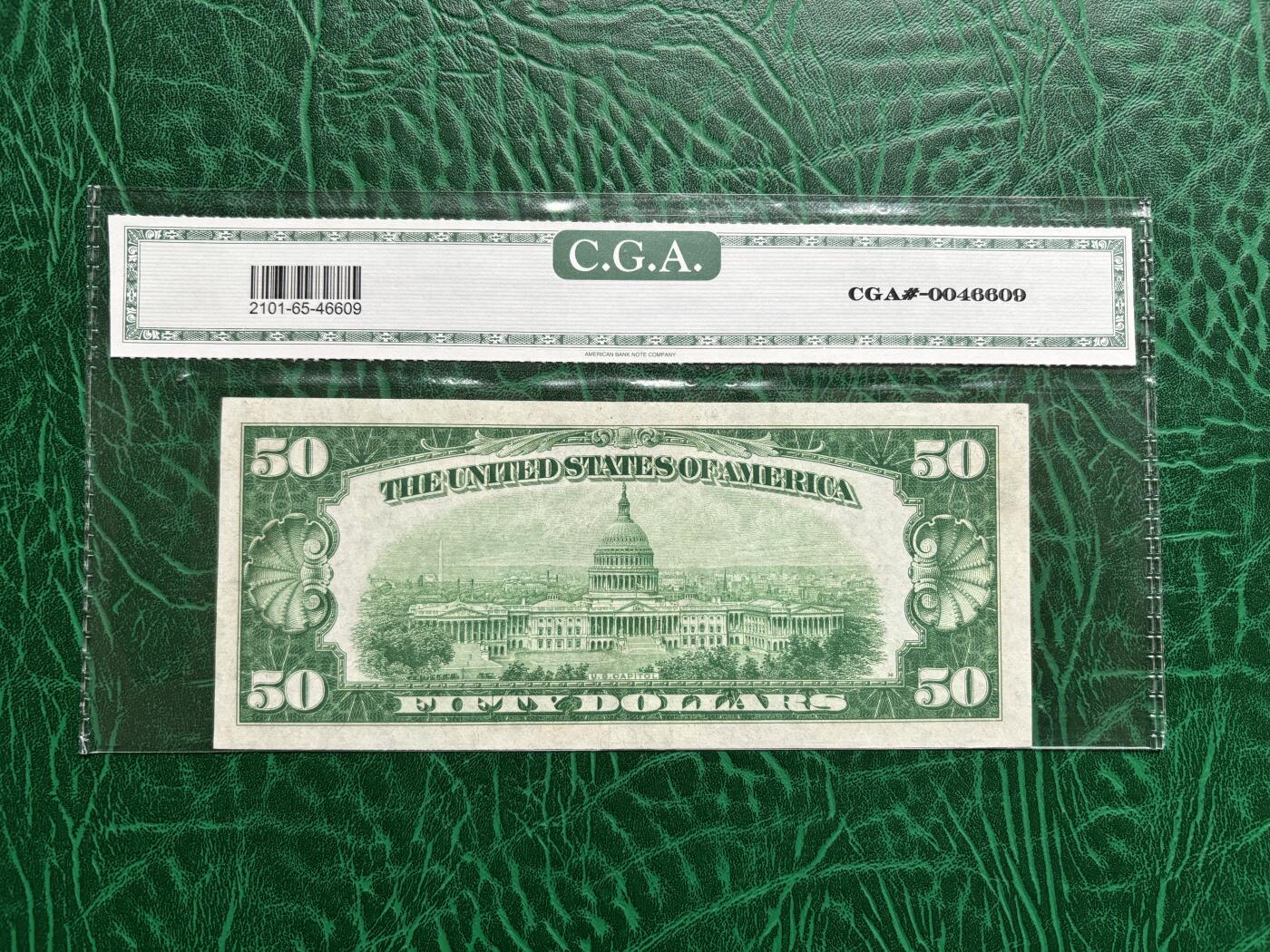 全新Gem Unc 美国1928年小头50美金 （美国CGA评级公司早期50000号段内严评，品相上不输同分PMG，稀少DGS版深绿色大库印，美国老藏家私人旧藏，该币曾于2004年美国HA拍出430美金）