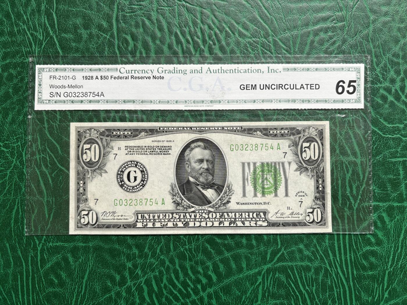 全新Gem Unc 美国1928年小头50美金 （美国CGA评级公司早期50000号段内严评，品相上不输同分PMG，稀少DGS版深绿色大库印，美国老藏家私人旧藏，该币曾于2004年美国HA拍出430 美金） - 影子爱人-