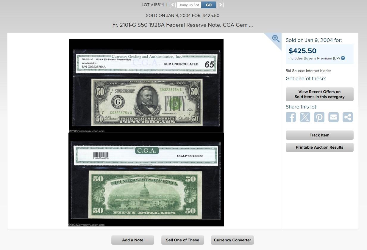 全新Gem Unc 美国1928年小头50美金 （美国CGA评级公司早期50000号段内严评，品相上不输同分PMG，稀少DGS版深绿色大库印，美国老藏家私人旧藏，该币曾于2004年美国HA拍出430美金）