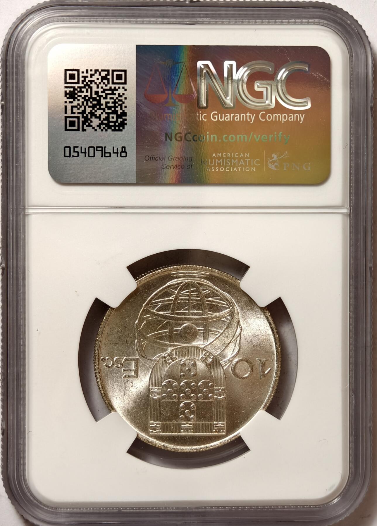 紫瑗钱币——第378期拍卖 葡萄牙 1954年 帆船 10埃斯库多 银币 NGC MS65