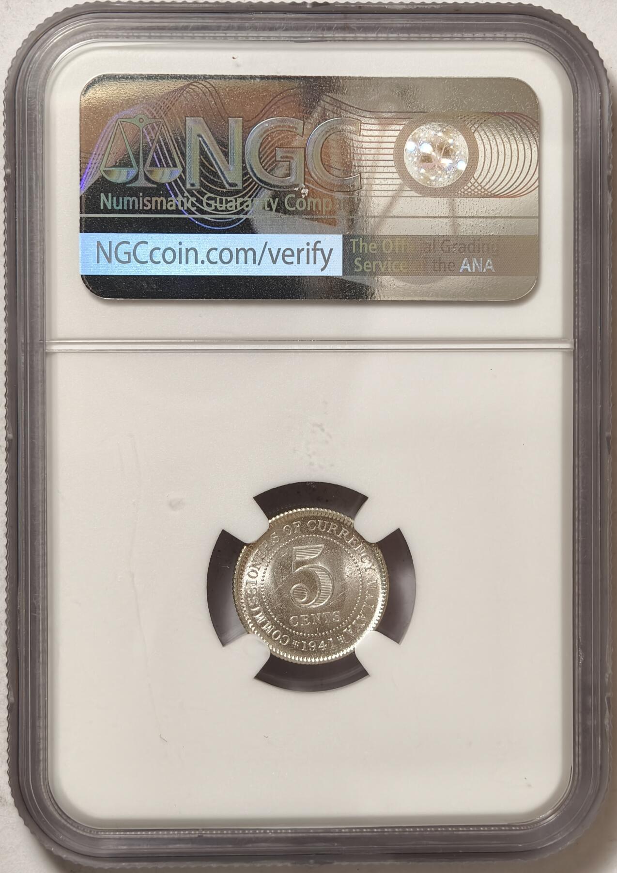 紫瑗钱币——第378期拍卖 马来亚 1941年 i版 乔治六世 5分 银币 NGC MS64