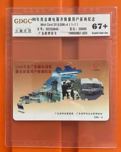 《卡拍》第295期拍卖7月6日晚22：10时延时截拍 广东欧特佳卡《G96-4邮电服务质量征询纪念》一全新卡，公藏评级评分67+。发行量大，通信大量消耗。