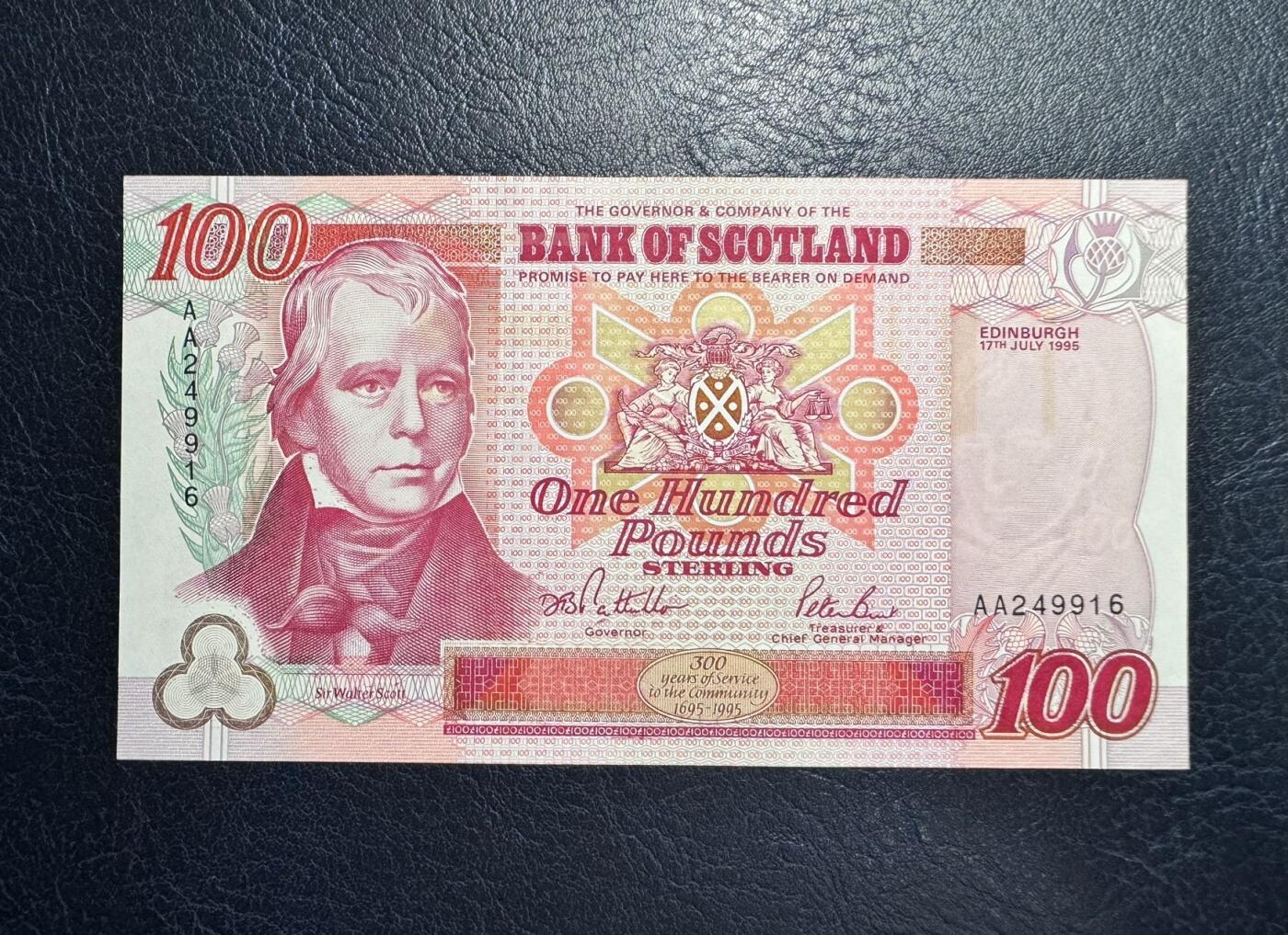 收藏联盟Quantum Auction 第358期拍卖  苏格兰银行1995年100镑纪念钞首发AA冠 品相AU+ 
