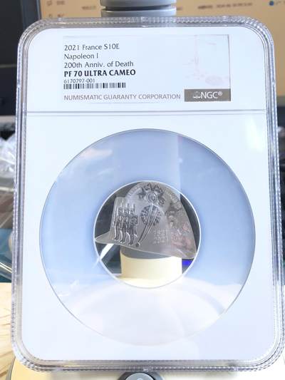 【海寕潮】拍卖第118期 - 【海寧潮】法国2021年拿破仑逝世200周年异形精制纪念银币NGC-PF70原盒证书，999银，22.2克