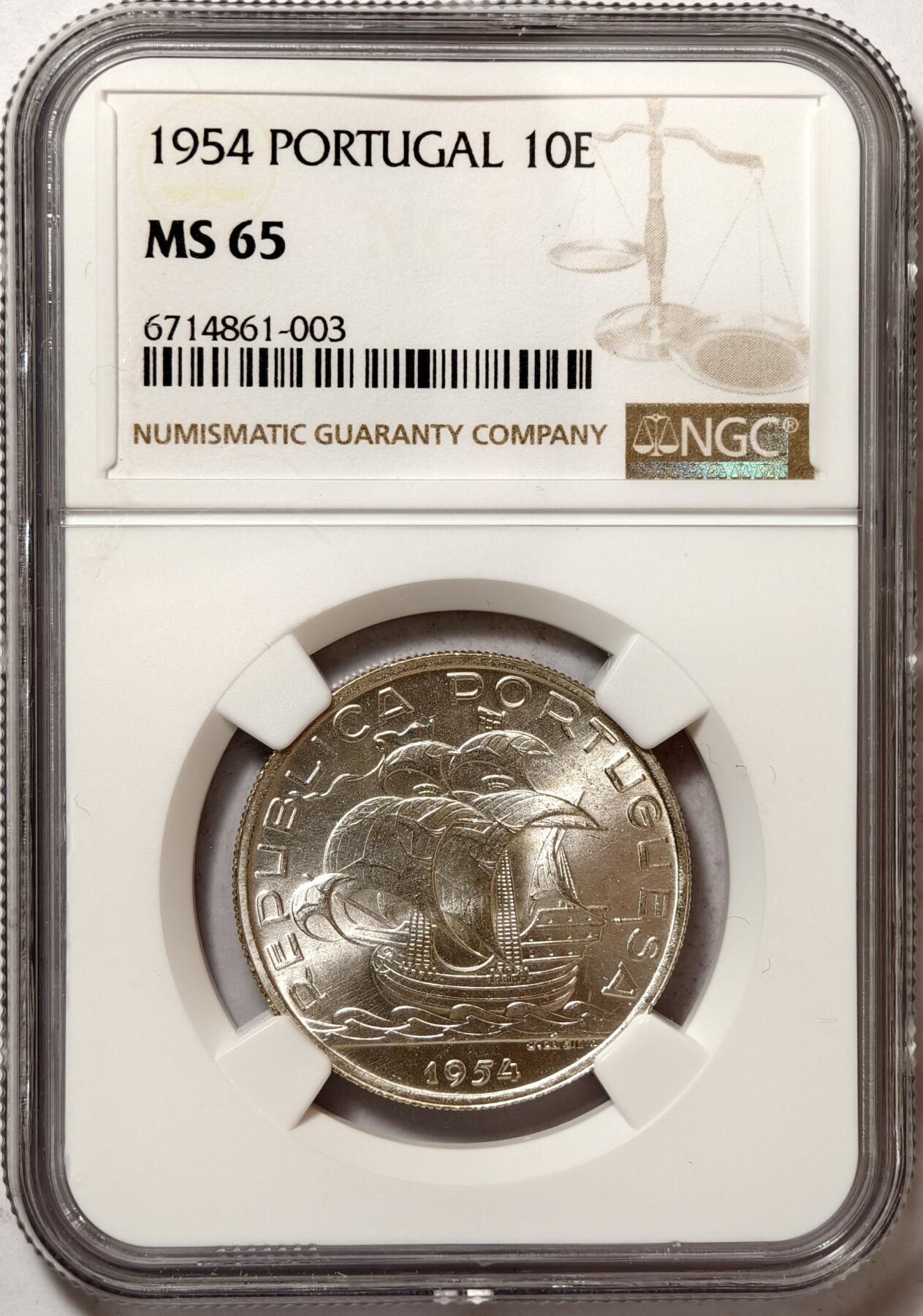 紫瑗钱币——第378期拍卖 葡萄牙 1954年 帆船 10埃斯库多 银币 NGC MS65