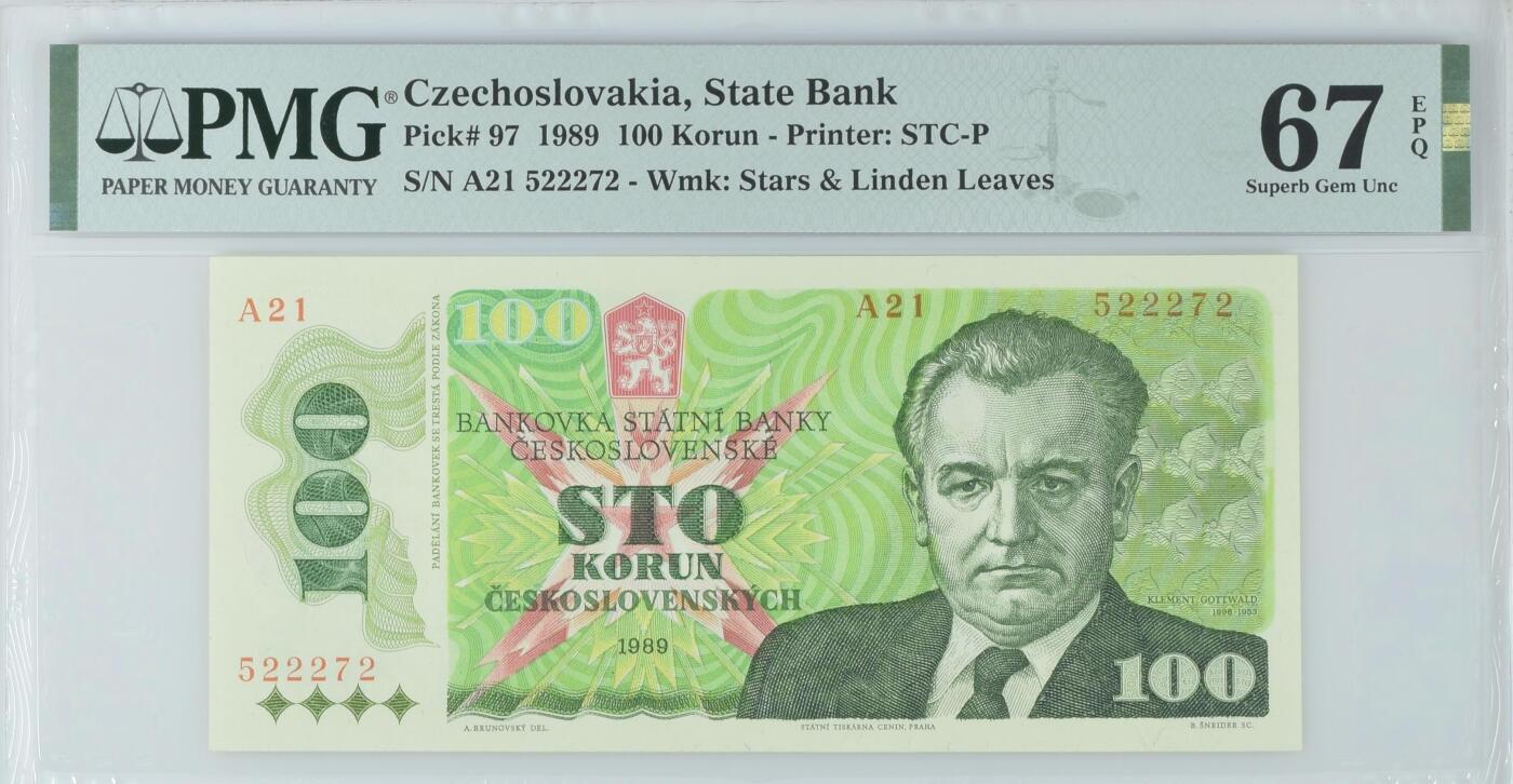 收藏联盟Quantum Auction 第358期拍卖  捷克斯洛伐克1989年100克朗 PMG67 布拉格之春 号码无4豹子号身