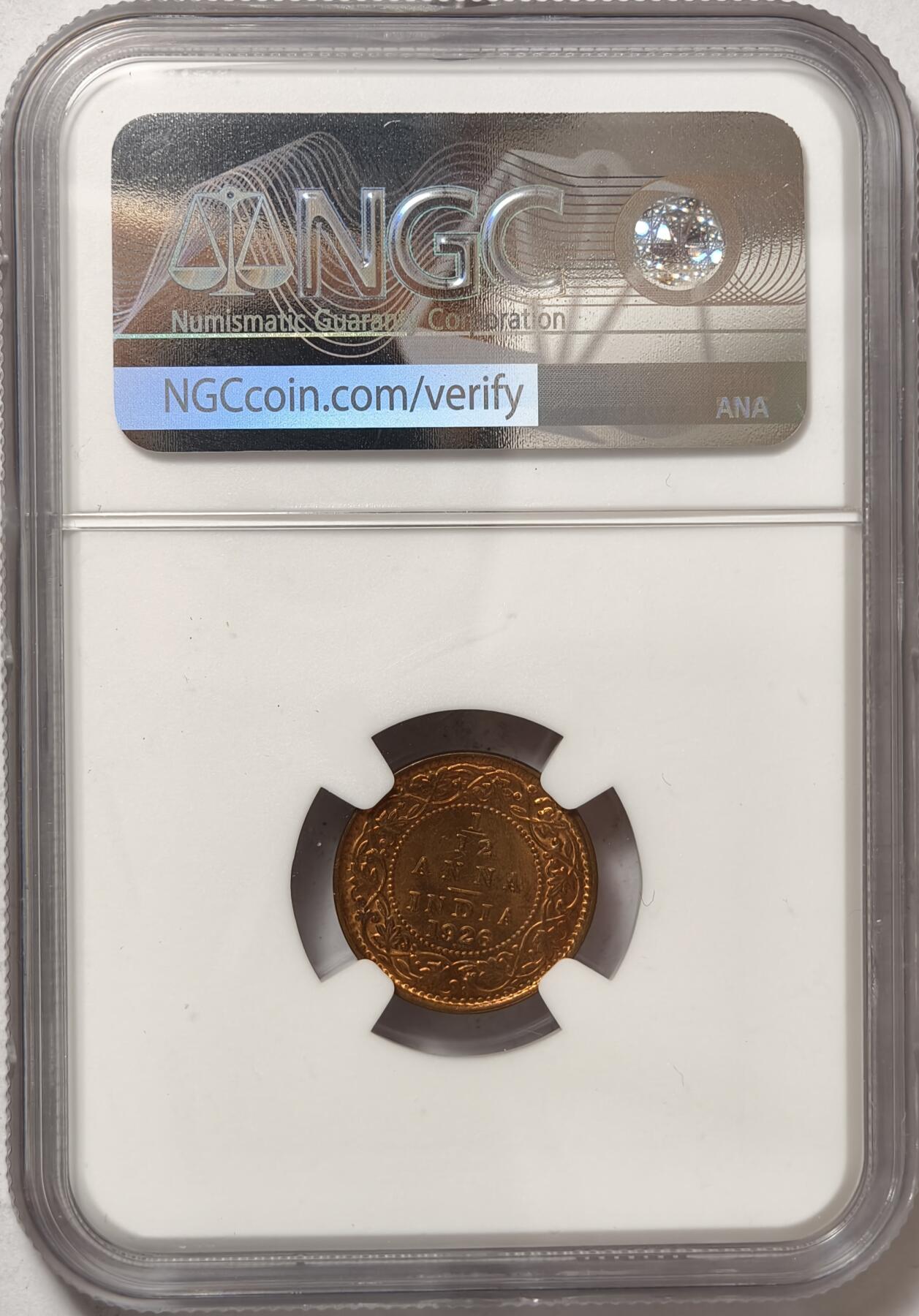 紫瑗钱币——第378期拍卖 英属印度 1926年 B版 乔治五世 1/12安娜 铜币 NGC M65RB