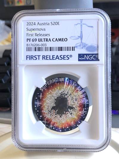 【海寕潮】拍卖第118期 - 【海寕潮】奥地利2024年宇宙之美超新星凹凸面银币NGC-PF69首期原盒证书，925银，22.42克裸币都要1000多