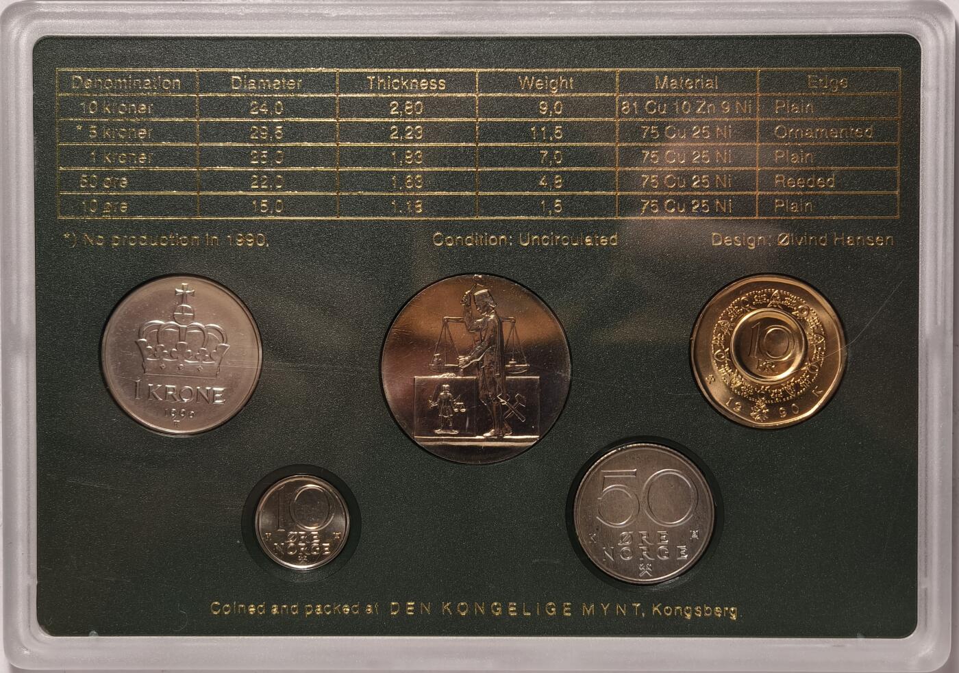 紫瑗钱币——第378期拍卖 挪威 1990年 流通硬币 5枚套 带一枚纪念币 造币厂原盒