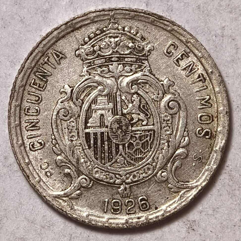 紫瑗钱币——第378期拍卖 西班牙 1926年 阿方索十三世 50分 2.5克 0.835银