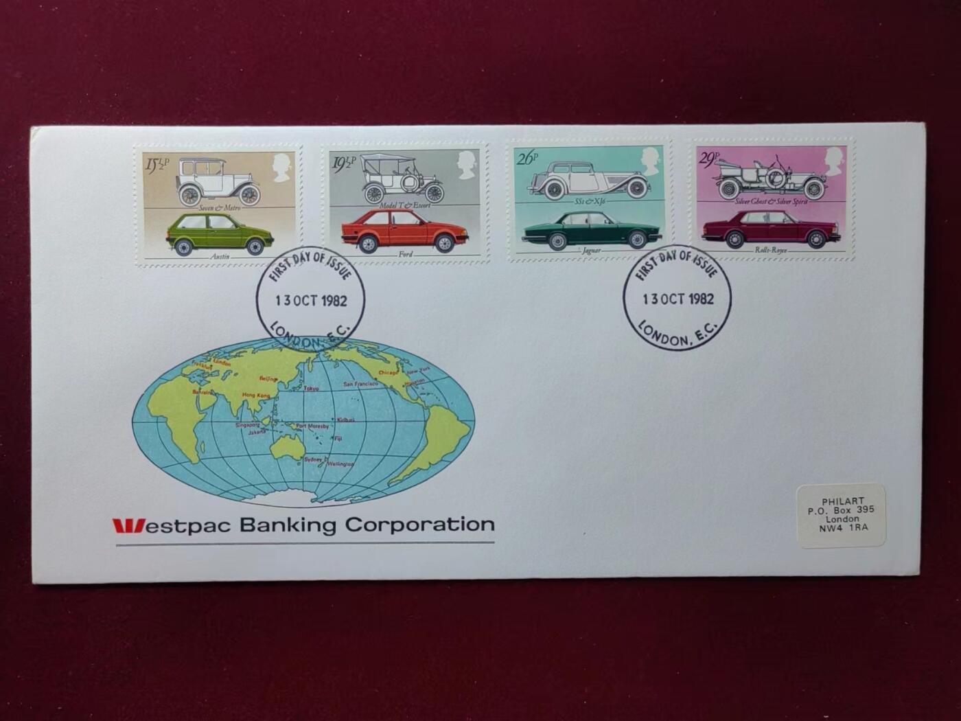 联合阁邮币社™ ——“多国邮品专场” 英国1982年 经典汽车4全 福特 奥斯汀 捷豹 劳斯莱斯