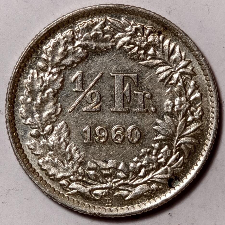 紫瑗钱币——第378期拍卖 瑞士 1960年 B版 赫尔维蒂亚 1/2法郎 2.5克 0.835银