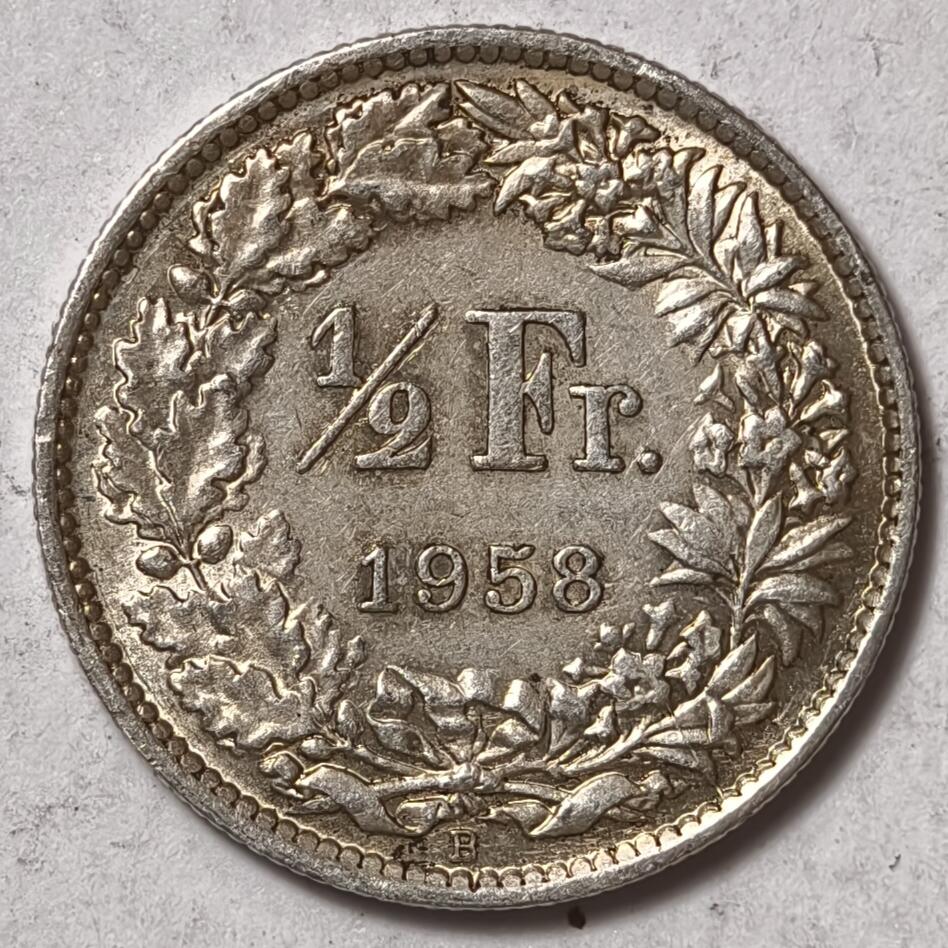 紫瑗钱币——第378期拍卖 瑞士 1958年 B版 赫尔维蒂亚 1/2法郎 2.5克 0.835银