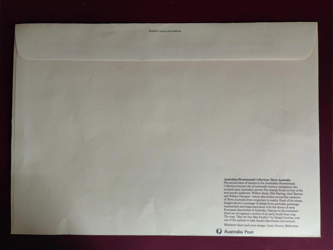 联合阁邮币社™ ——“多国邮品专场” 澳大利亚1985 殖民200周年 开拓者 殖民史（有污迹）超大型邮封