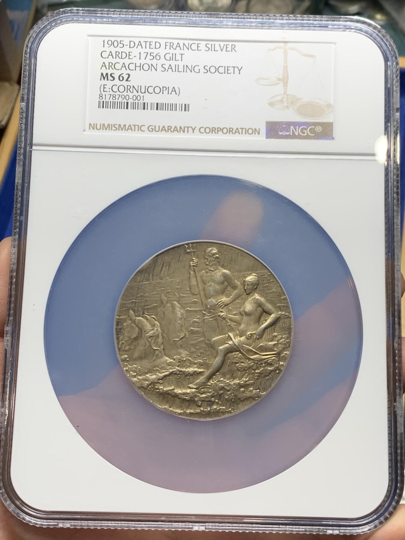 《竞宝斋》第286场-周六， 周日，周一 3场连拍 （全场包邮） NGC MS62 法国1905航海协会银章 大盒封装 细节丰富