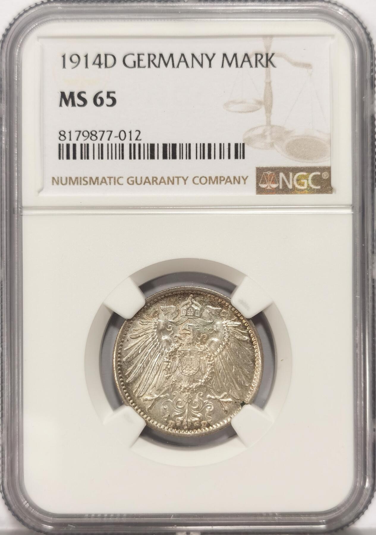 博洋堂世界钱币拍卖第084期（全场包邮） NGC MS65 德国1914-D 1马克银币 高分，宛若初铸，光晕流转没有丝毫阻碍，深打德意志鹰栩栩如生，黄油包浆自然生动无可挑剔1
