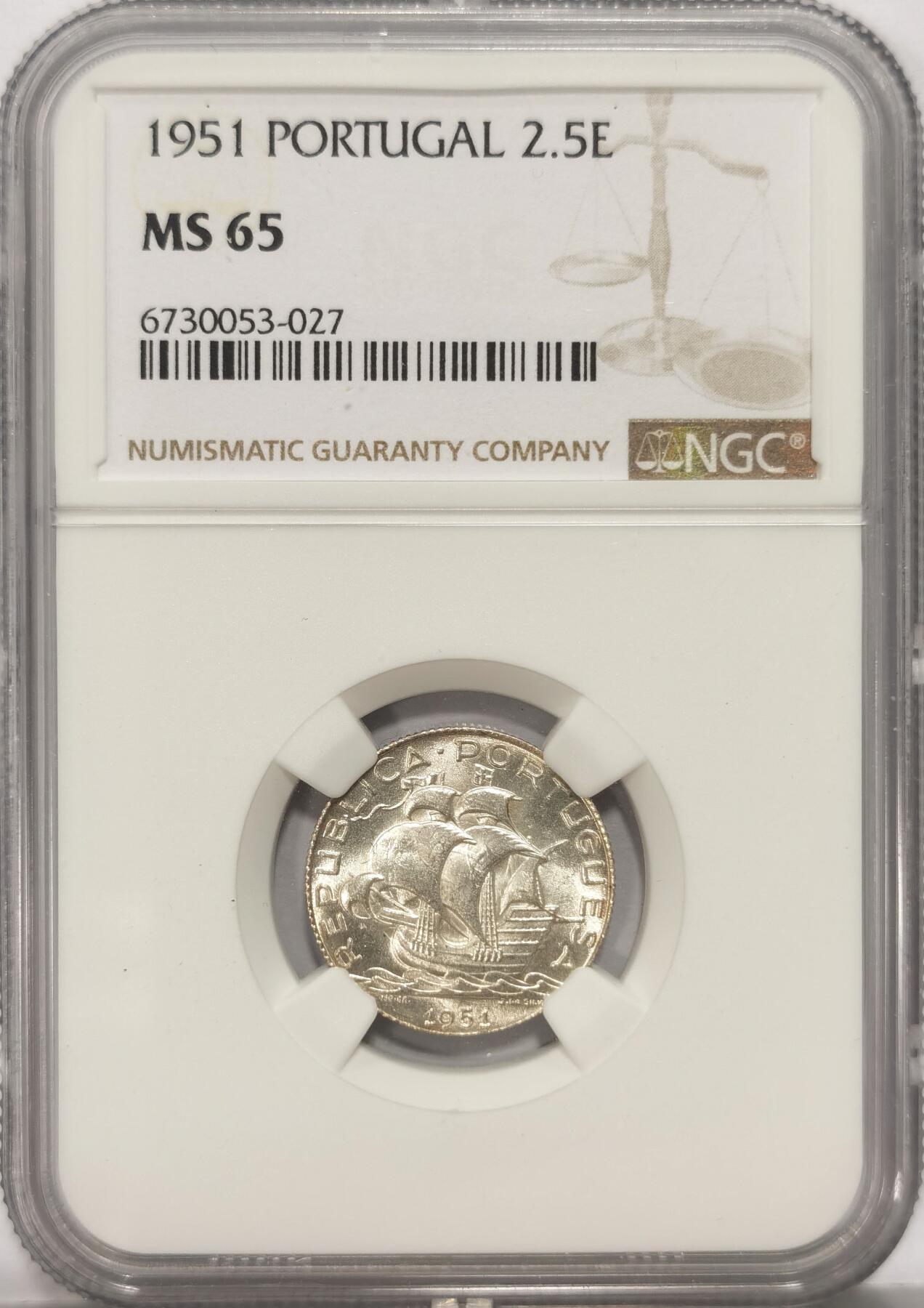 博洋堂世界钱币拍卖第084期（全场包邮） NGC MS65 葡萄牙1951年2.5埃斯库多银币，转光特猛，出厂状态，购买自澳门古玩店，殖民时期留存。