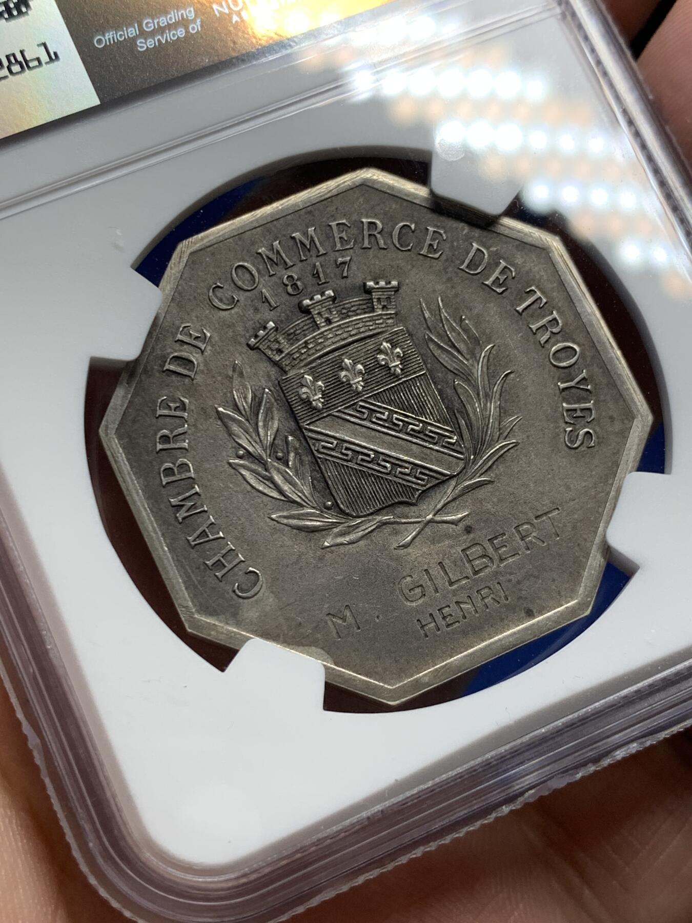 《竞宝斋》第286场-周六， 周日，周一 3场连拍 （全场包邮） NGC MS61 法国1817特洛伊商会八角银质代币