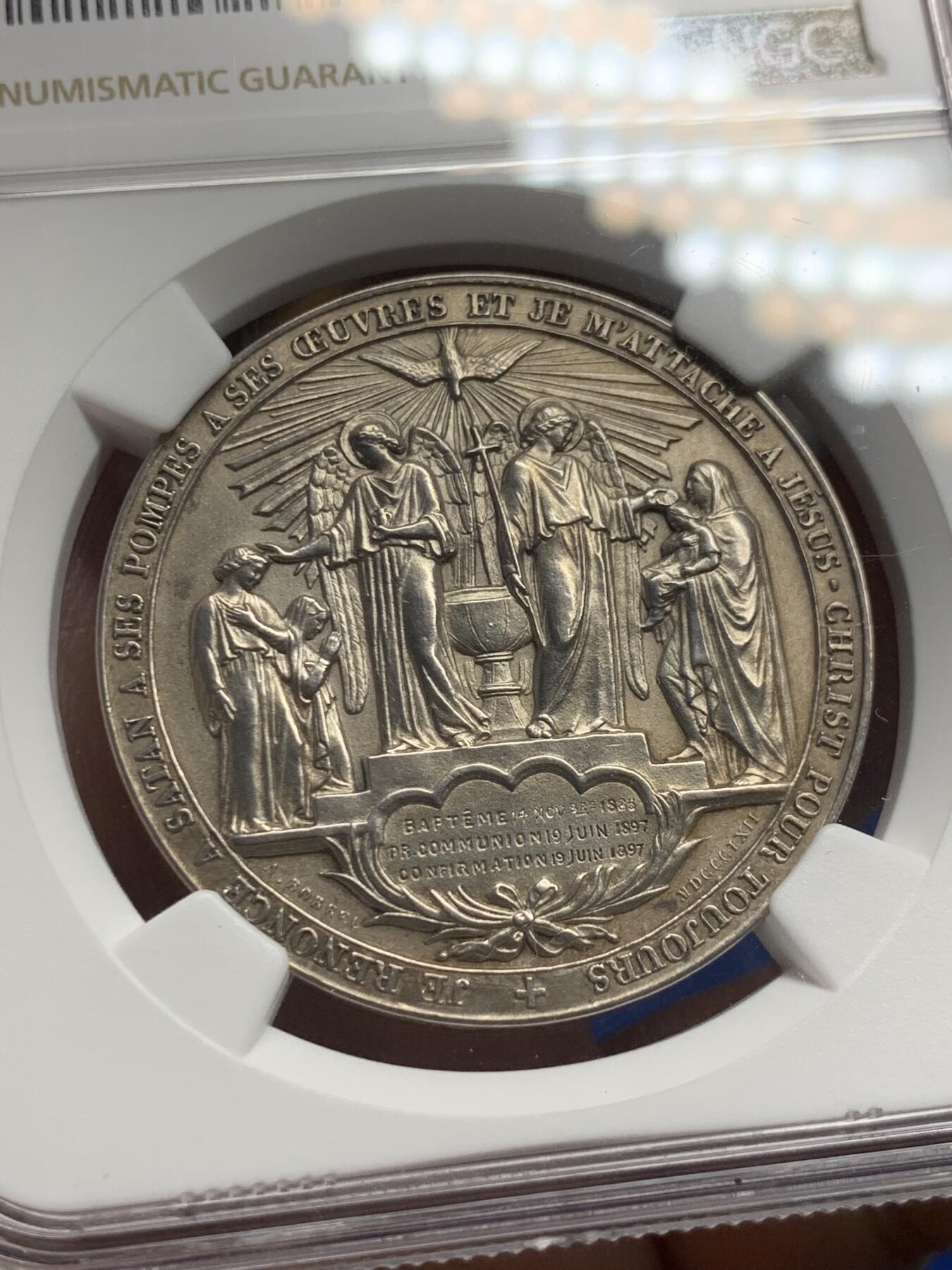 《竞宝斋》第286场-周六， 周日，周一 3场连拍 （全场包邮） NGC MS62 法国1897宗教洗礼银章