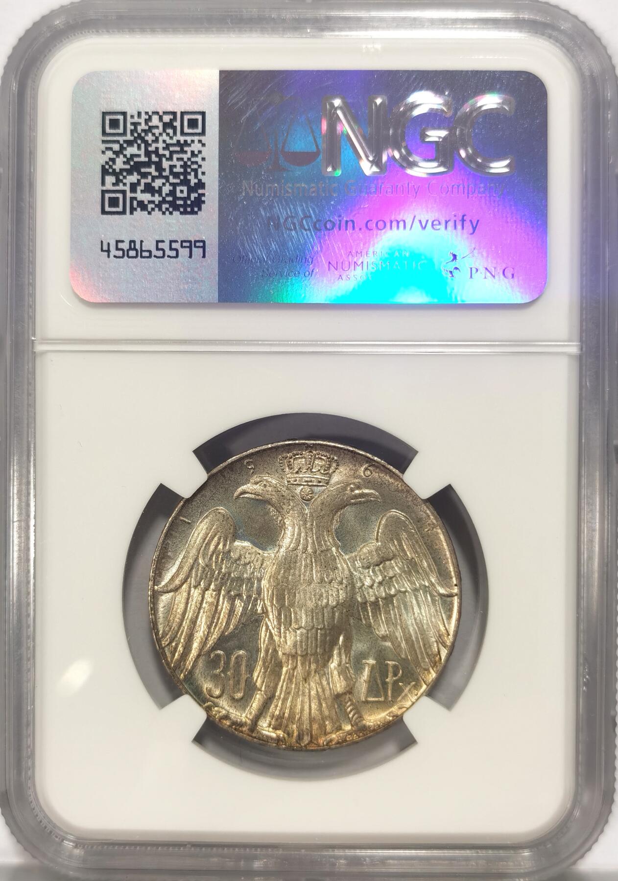 博洋堂世界钱币拍卖第084期（全场包邮） NGC MS66 希腊1964年康斯坦丁二世结婚30德拉克马纪念银币，晃眼暴光状态，双面黄油包浆。极高分少见。如果需要一步到位的话选这颗了就对了，所见所查最佳状态。