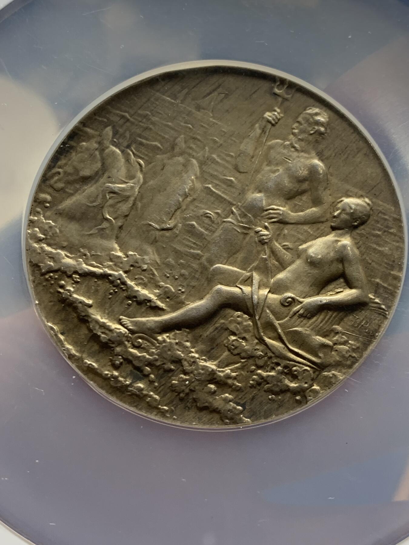 《竞宝斋》第286场-周六， 周日，周一 3场连拍 （全场包邮） NGC MS62 法国1905航海协会银章 大盒封装 细节丰富