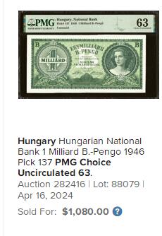 【Blue Auction】✨世界纸币精拍第500期盛典——白金之夜🔥🔥🔥 H-【面值最大纸币】匈牙利 1946年 1 Milliard B.-Pengo PMG64EPQ 票面清新耐看 升值品种 备受追捧 当时时代动荡通胀的缩影 具有别样的收藏价值 