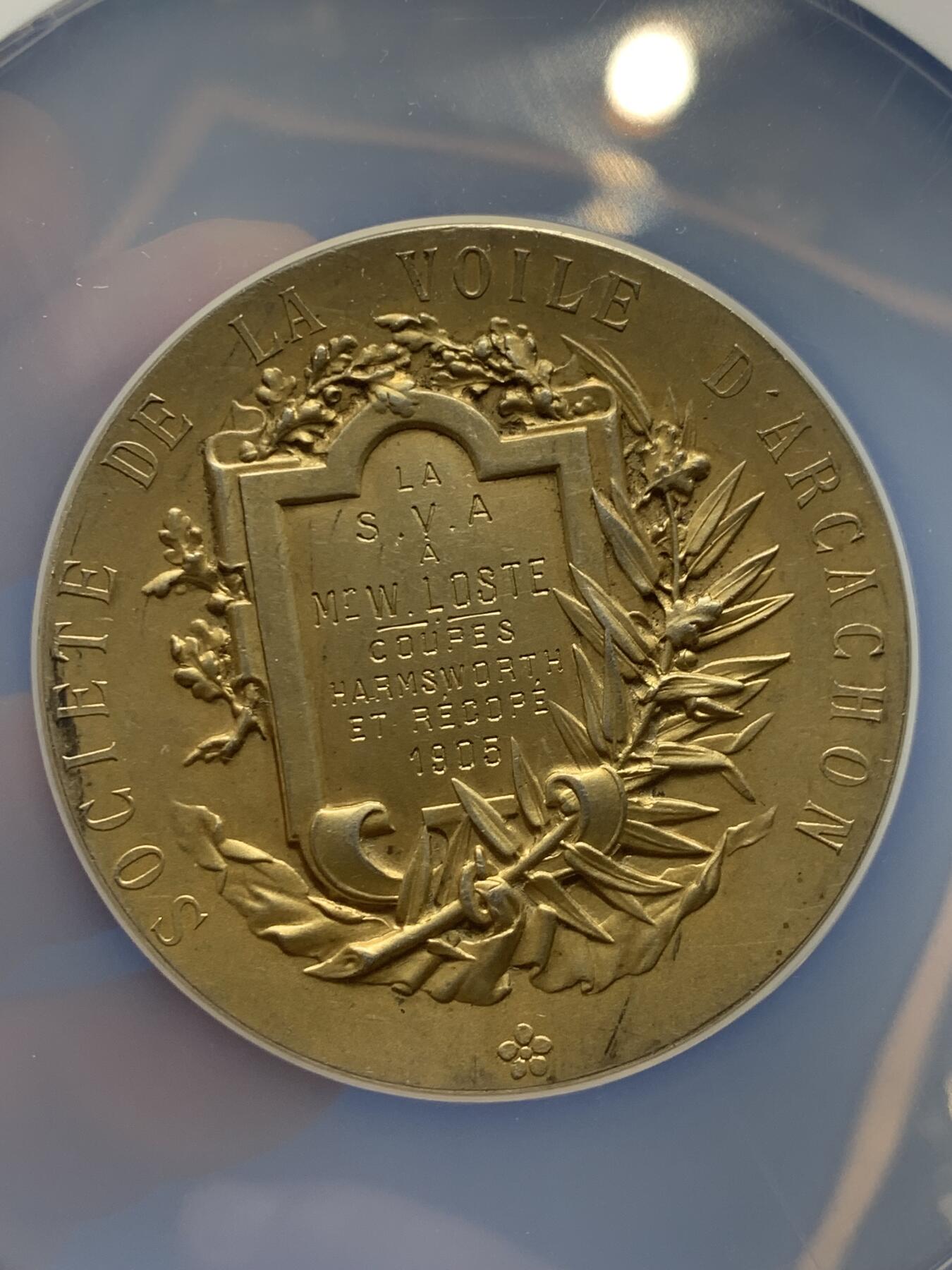 《竞宝斋》第286场-周六， 周日，周一 3场连拍 （全场包邮） NGC MS62 法国1905航海协会银章 大盒封装 细节丰富