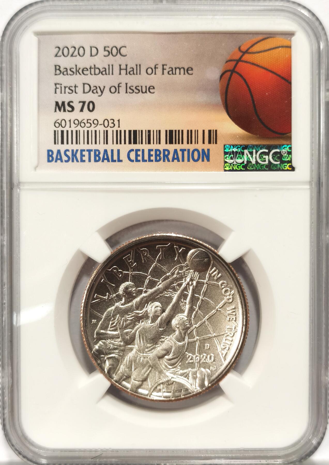 博洋堂世界钱币拍卖第084期（全场包邮） 美国2020年篮球名人堂半美元纪念币NGC-MS70，背景：蓝球名人堂成立于1959年：旨在纪念和庆祝蓝球的伟大时刻和人物。特殊凹面设计，币面清爽干净又漂亮，打制精美，冠军分