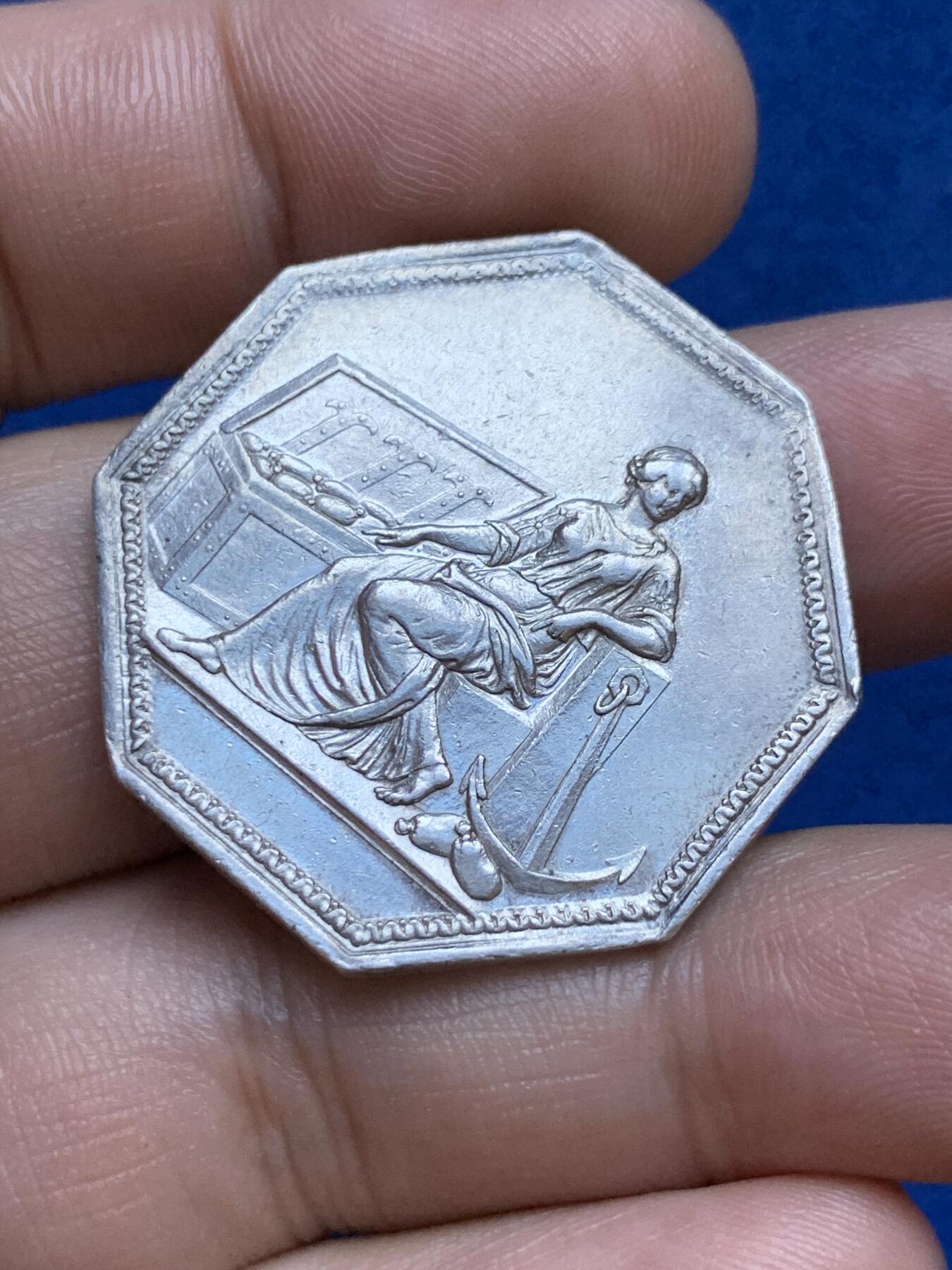 《竞宝斋》第286场-周六， 周日，周一 3场连拍 （全场包邮） 19世纪 法国储蓄银行八角代用币银章 早期无边铭 直径约34mm 重约15g