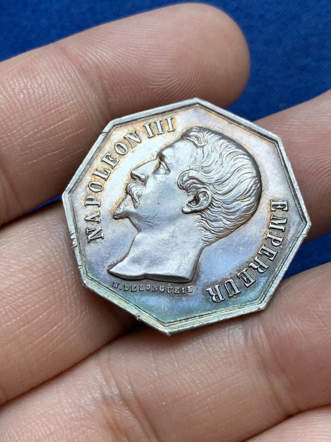 《竞宝斋》第286场-周六， 周日，周一 3场连拍 （全场包邮） 法国拿三皇家园艺学会八角银代币 手指铭 29mm 10.8g