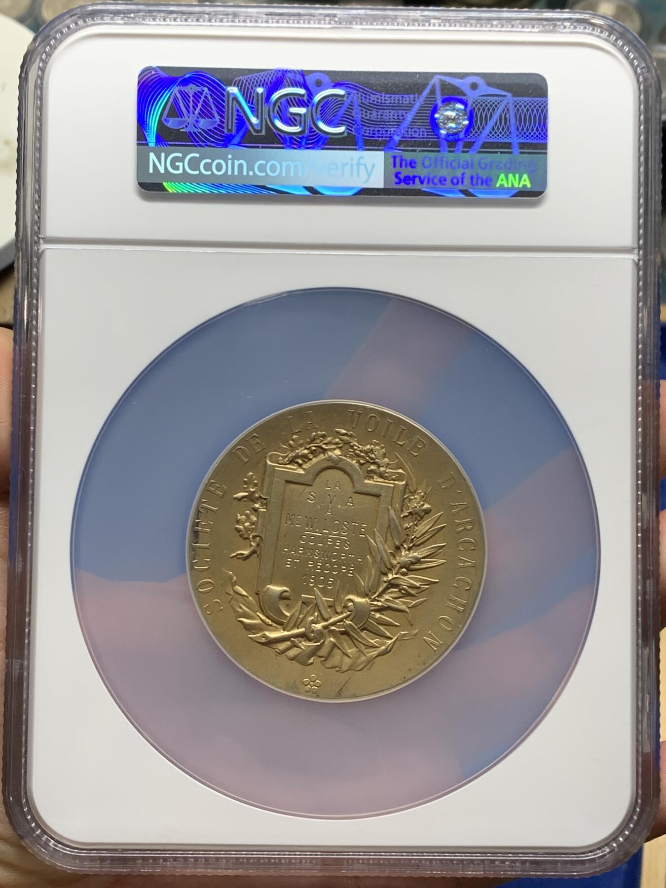 《竞宝斋》第286场-周六， 周日，周一 3场连拍 （全场包邮） NGC MS62 法国1905航海协会银章 大盒封装 细节丰富