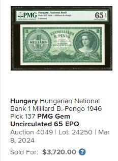 【Blue Auction】✨世界纸币精拍第500期盛典——白金之夜🔥🔥🔥 H-【面值最大纸币】匈牙利 1946年 1 Milliard B.-Pengo PMG64EPQ 票面清新耐看 升值品种 备受追捧 当时时代动荡通胀的缩影 具有别样的收藏价值 
