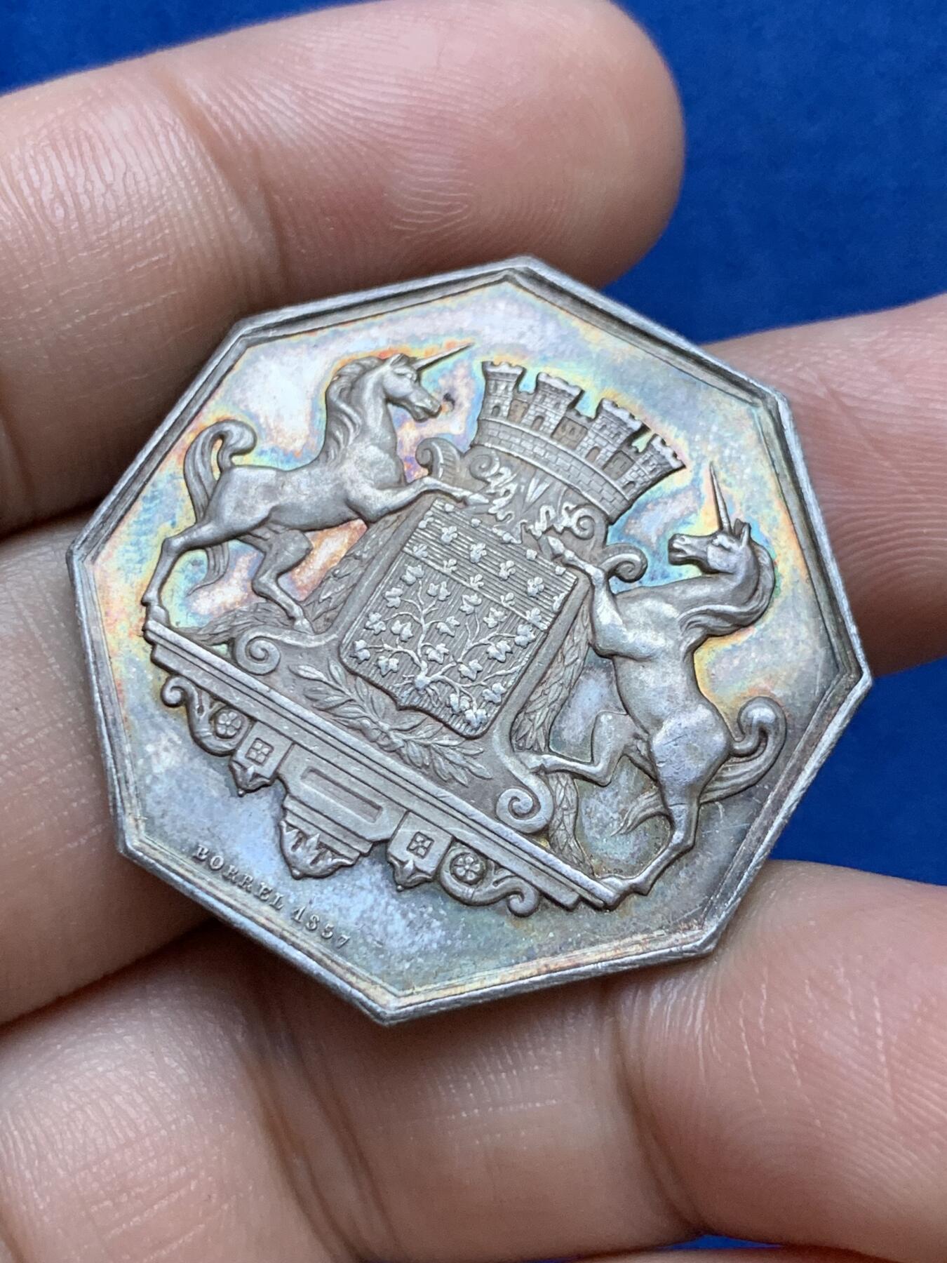 《竞宝斋》第286场-周六， 周日，周一 3场连拍 （全场包邮） 法国亚眠商业银行八角银质代币 17.2g 33.9mm 手指边铭 极少见品种