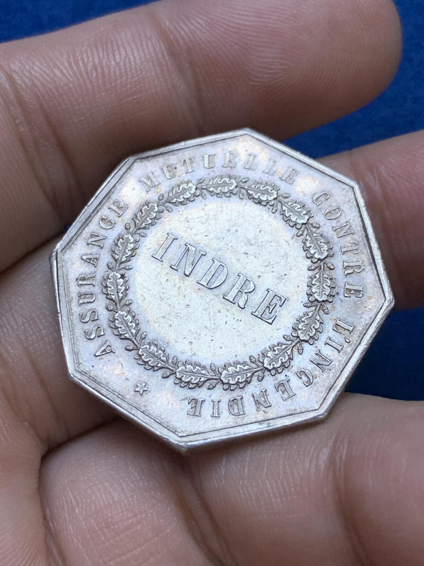 《竞宝斋》第286场-周六， 周日，周一 3场连拍 （全场包邮） 法国1854-1880火灾保险八角银代币 丰饶角边铭 31mm 15.1g