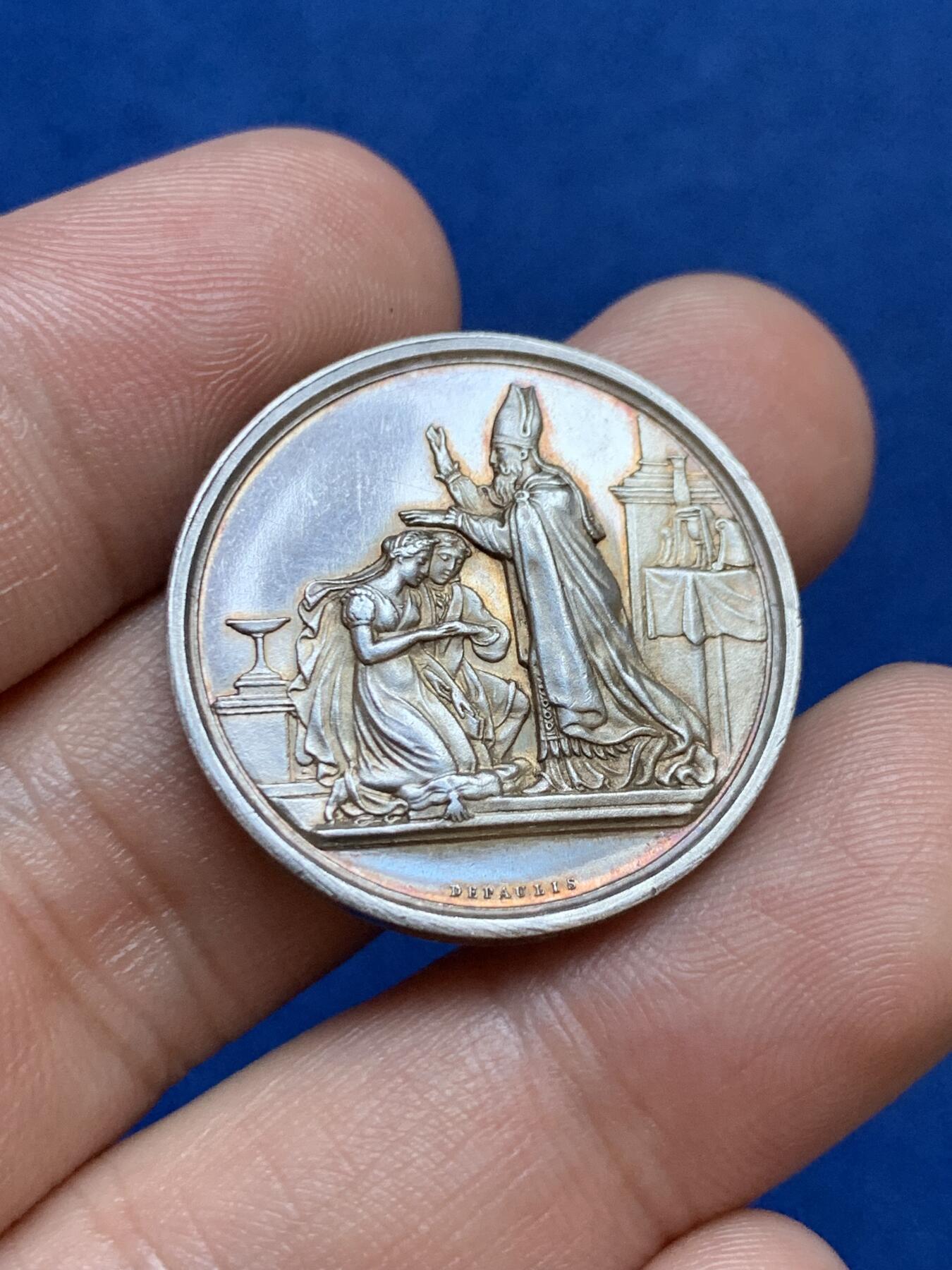 《竞宝斋》第286场-周六， 周日，周一 3场连拍 （全场包邮） 法国1854基督教婚礼圆型银代币 27mm 9.5g 手指边铭