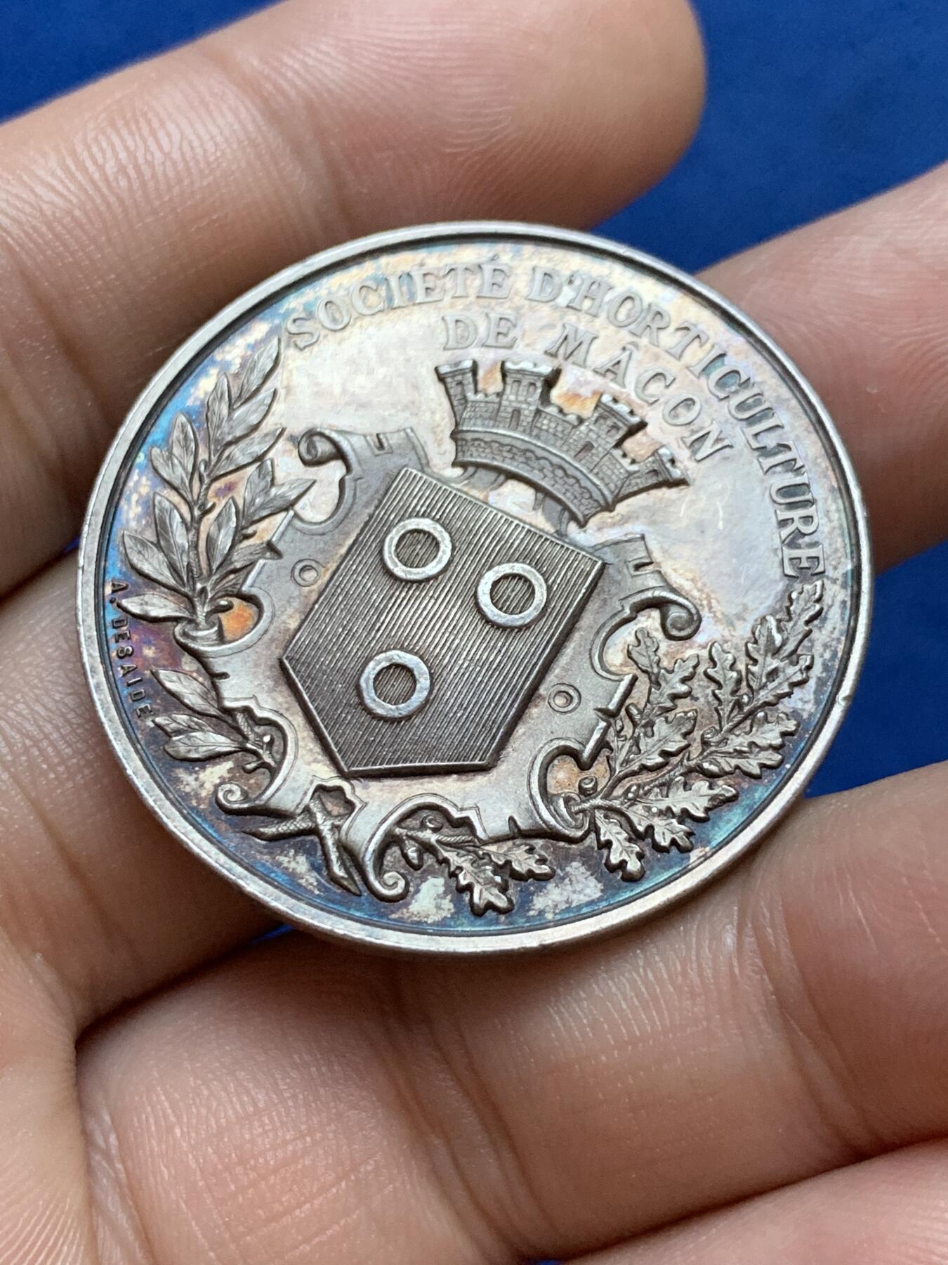 《竞宝斋》第286场-周六， 周日，周一 3场连拍 （全场包邮） 法国马孔园艺协会圆型银代币 丰饶角边铭 36mm 20.1g