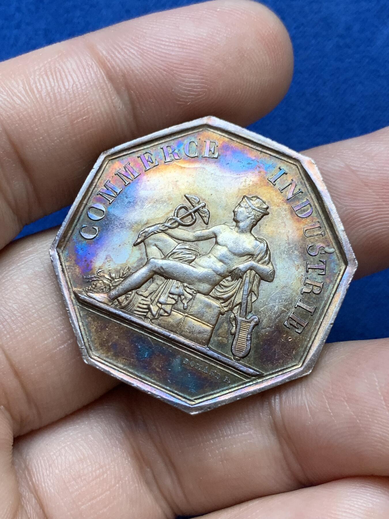 《竞宝斋》第286场-周六， 周日，周一 3场连拍 （全场包邮） 法国波尔多商业公司八角银质代币 商业之神墨丘利 蜜蜂边铭 34mm 19.9g