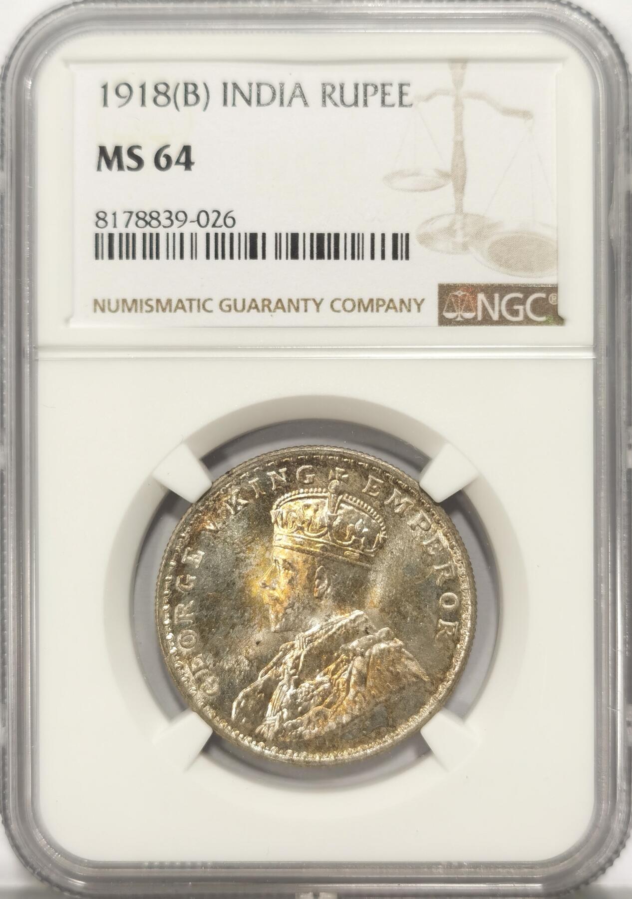 博洋堂世界钱币拍卖第084期（全场包邮） NGC MS64 英属印度1918年乔治五世1卢比银币。正面有暖调包浆，过渡自然且光泽兼具，64分是卢比的一个门槛，不想花几千去买65分的话64就刚好。