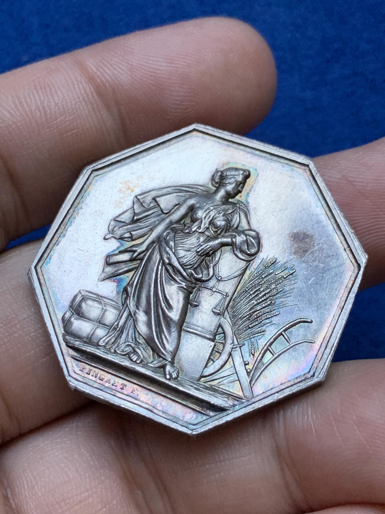 《竞宝斋》第286场-周六， 周日，周一 3场连拍 （全场包邮） 法国火灾保险公司JETON银质八角 21.9g 36.6mm 蜜蜂边铭