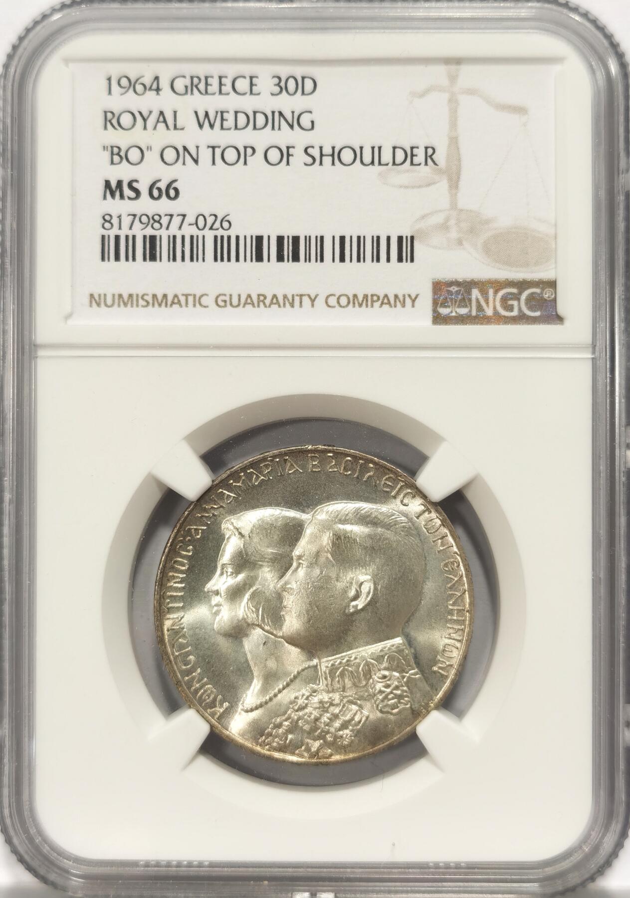 博洋堂世界钱币拍卖第084期（全场包邮） NGC MS66 希腊1964年康斯坦丁二世结婚30德拉克马纪念银币，晃眼暴光状态，双面黄油包浆。极高分少见。如果需要一步到位的话选这颗了就对了，所见所查最佳状态。