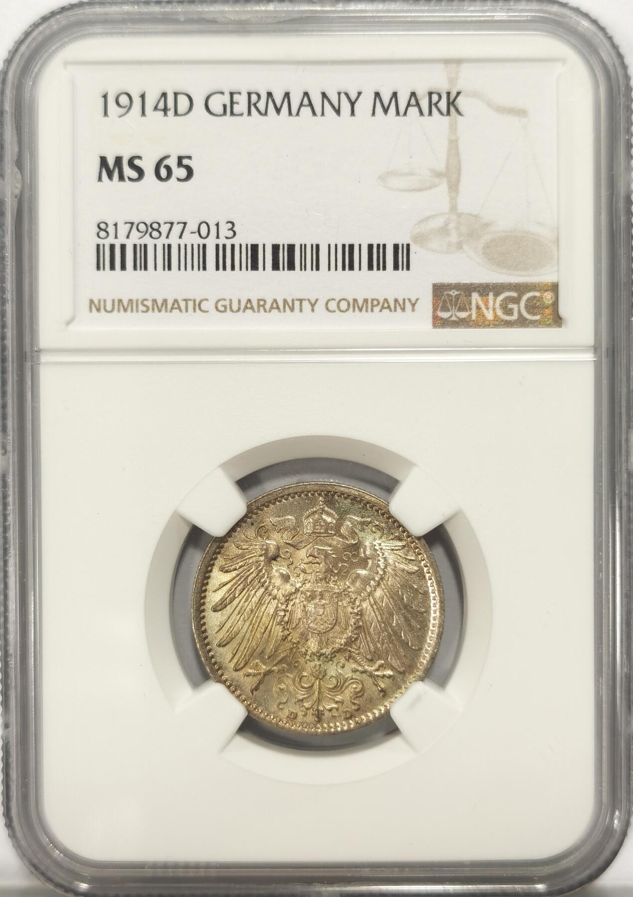 博洋堂世界钱币拍卖第084期（全场包邮） NGC MS65 德国1914-D 1马克银币 高分，宛若初铸，光晕流转没有丝毫阻碍，深打德意志鹰栩栩如生，黄油包浆自然生动无可挑剔2