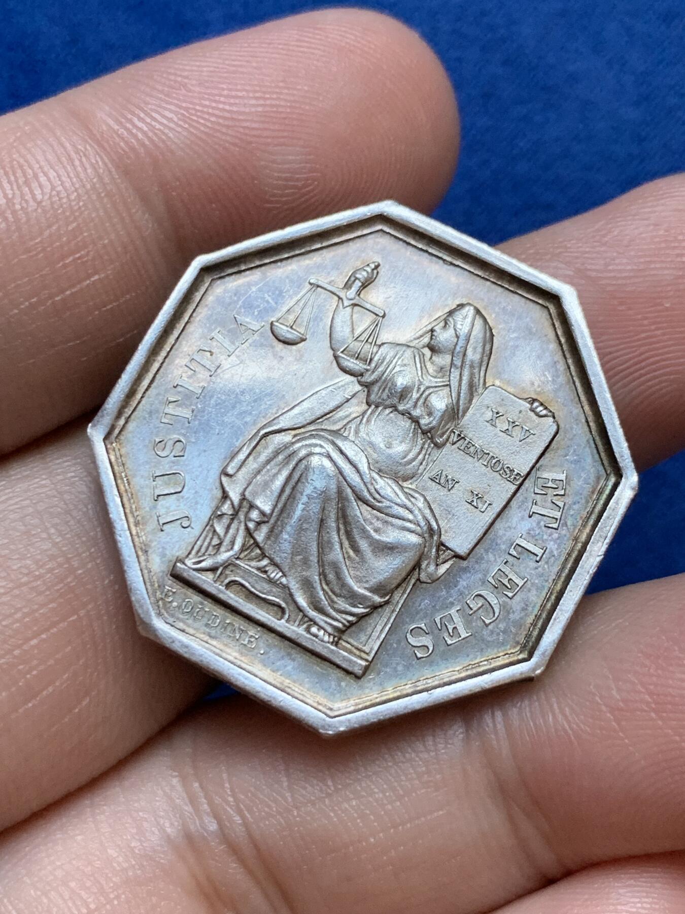 《竞宝斋》第286场-周六， 周日，周一 3场连拍 （全场包邮） 法国图尔公证人八角银代币 蜜蜂边铭 31mm 13.1g